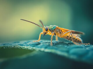 Close-up of a vibrant yellow insect on a leaf.