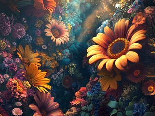 Vibrant flowers in a lush, colorful garden.