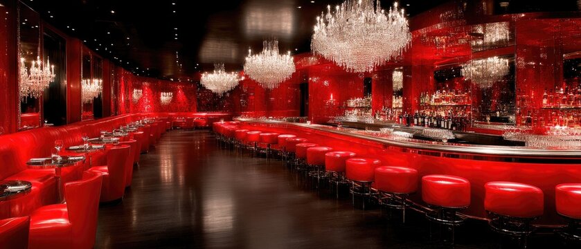 Red room with chandeliers. Curving bar and seating. High end design with dark ceiling and bright red color scheme