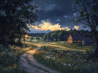 Tranquil countryside at dusk with a winding path.