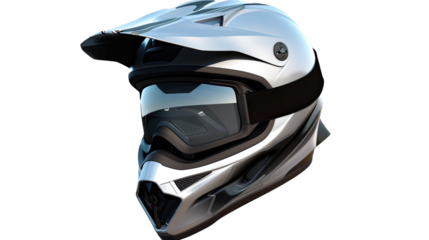 Chrome Motorcycle Helmet: A sleek, modern chrome motorcycle helmet with visor, designed for safety and style, resting against a simple background