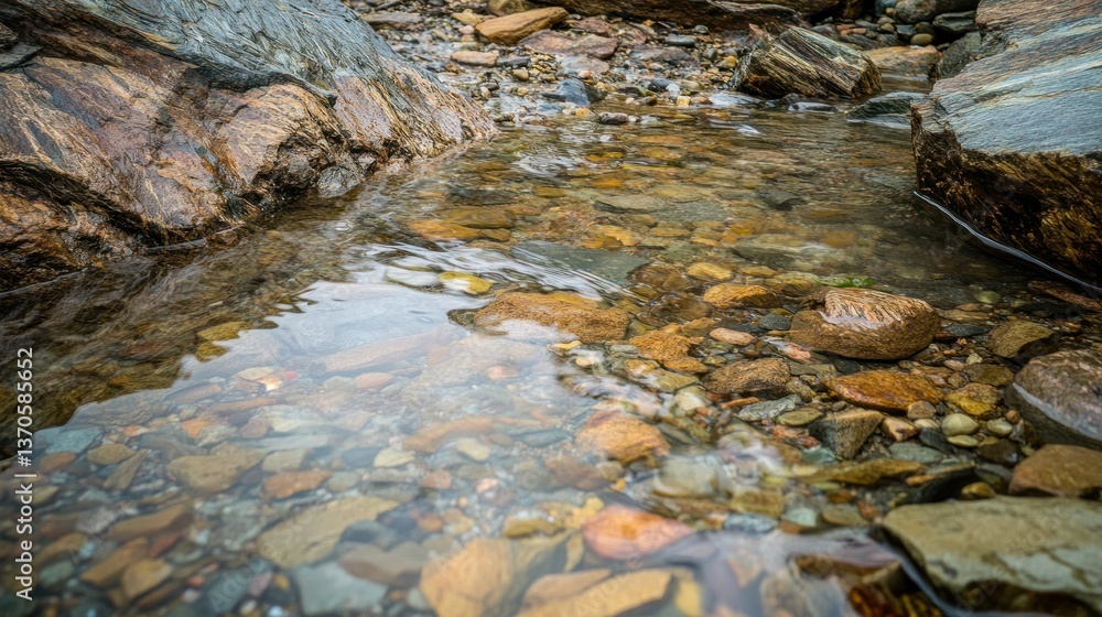 Poster shallow stream of clear water flows between large rocks