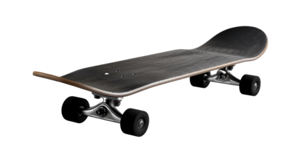 Skateboard on Display: A close-up perspective presents a new, detailed skateboard, its wheels and deck set against a minimalist backdrop, embodying urban culture and recreational thrill. 