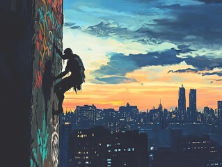 Urban climber against a sunset backdrop.