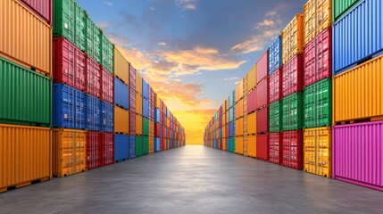 Fototapeta premium A stunning view of colorful shipping containers lined up, creating a vibrant pathway towards a sunset sky.