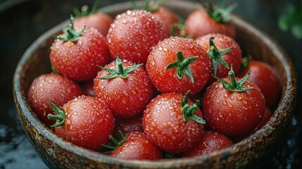Fresh, wet cherry tomatoes in a rustic wooden bowl.
