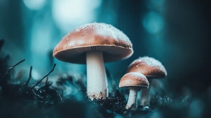 Three Mushrooms Growing in a Damp Forest Environment