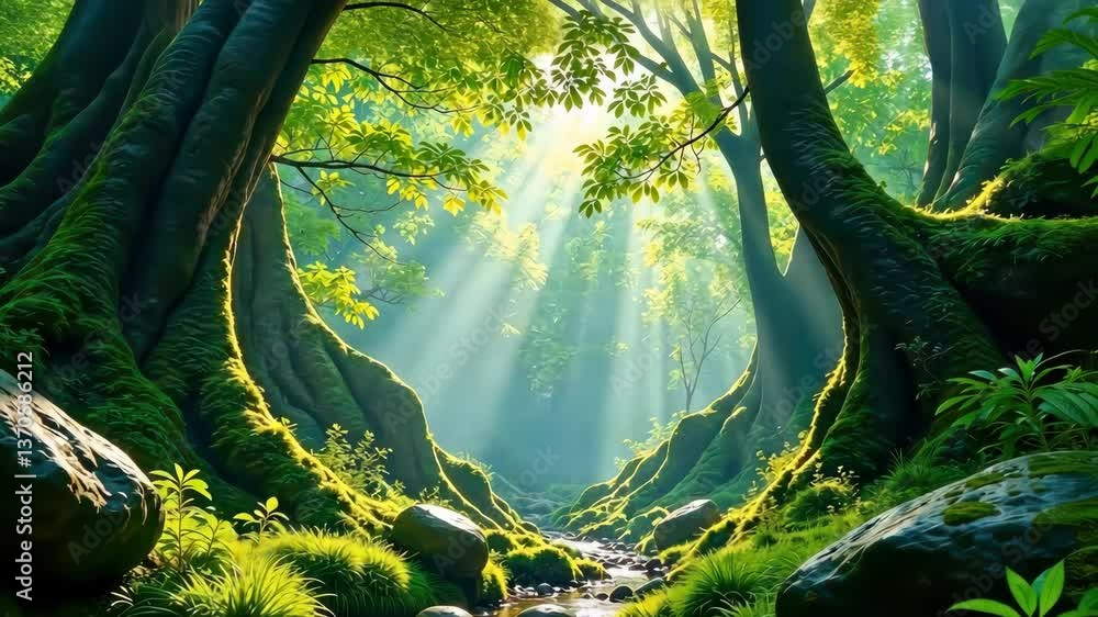 Aufkleber lush green forest with sunbeams filtering through the canopy and a stream flowing gently over rocks