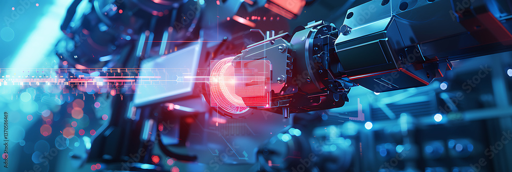 Poster close-up detail of a complex futuristic machine or robotic component with a glowing red core and len