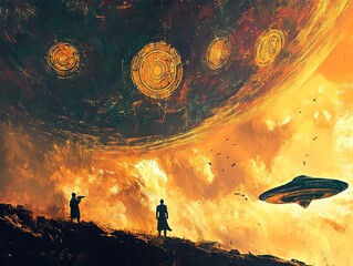 Futuristic landscape with aliens and spaceships.