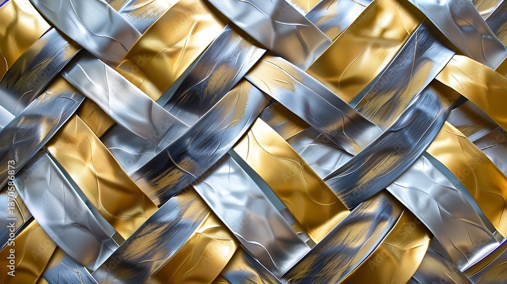 Poster close-up abstract texture of interwoven metallic strips in contrasting gold and silver, creating a r