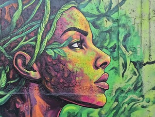 A vibrant mural depicting nature and humanity.