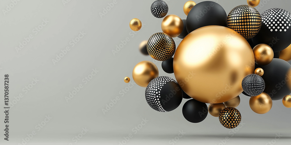 Poster black and gold spheres creating abstract composition on plain background