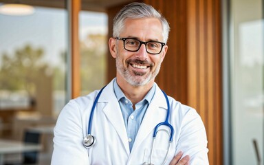 Portrait of a mature bearded doctor wearing intellectual-looking eyeglasses and standing with a calm expression - a healthcare provider demonstrating professionalism and patient care