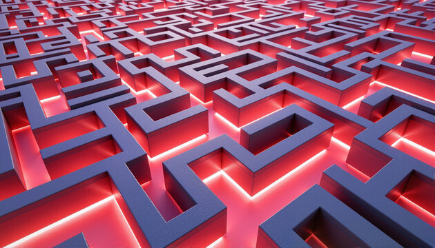 3D maze design with illuminated borders for blogs, websites, gaming themes, graphic design, technology presentations, and creative visual storytelling