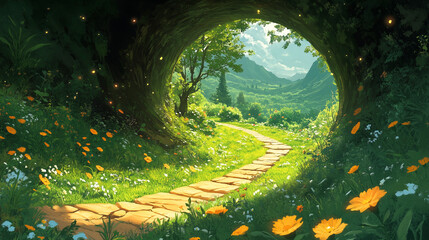 Fototapeta premium A winding stone pathway leads through a mystical forest filled with bright flowers and vibrant greenery. Sunlight filters through leaves, creating a tranquil atmosphere ideal for exploration