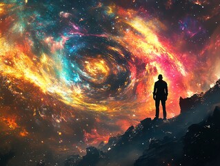 Person gazing at a colorful galaxy.