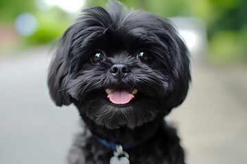 Happy black Shih Tzu puppy portrait.
