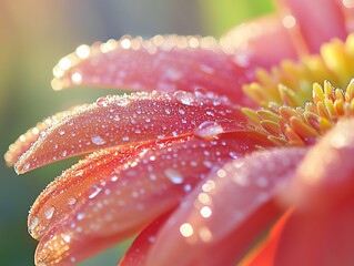 Close-up of pink flower with dew droplets.