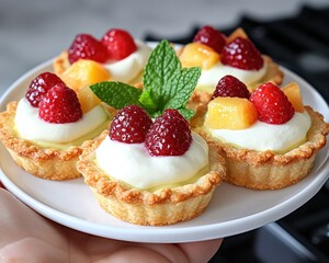Delicious lemon tartlets with raspberries and mango