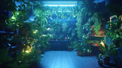 Fototapeta premium Enchanted Indoor Garden: A Serene Oasis of Lush Greenery Under Neon Lights