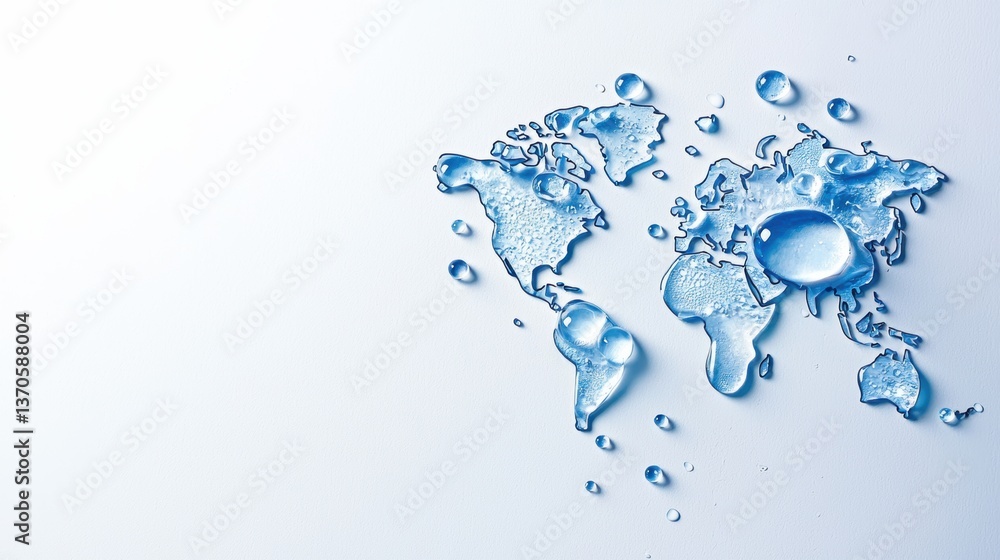 Poster a creative depiction of a world map formed from water droplets, emphasizing themes of purity and con
