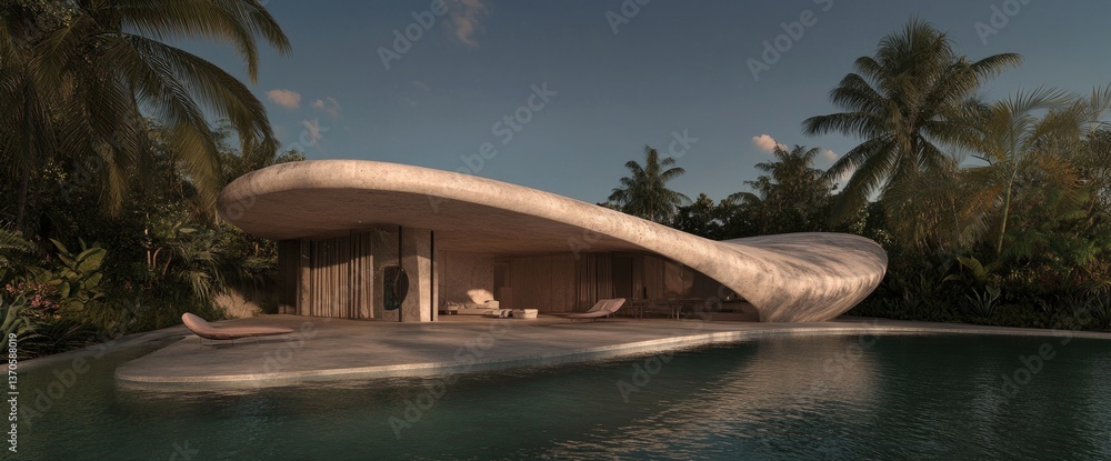 Poster tropical architecture with palm trees and a pool beside a futuristic, organic structure