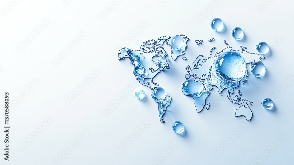 Poster a creative representation of a world map formed with water droplets, conveying themes of fluidity an