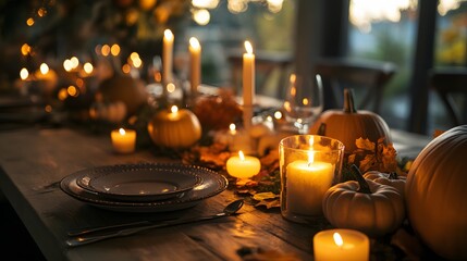 37. A Thanksgiving dinner table beautifully decorated with candles and pumpkins