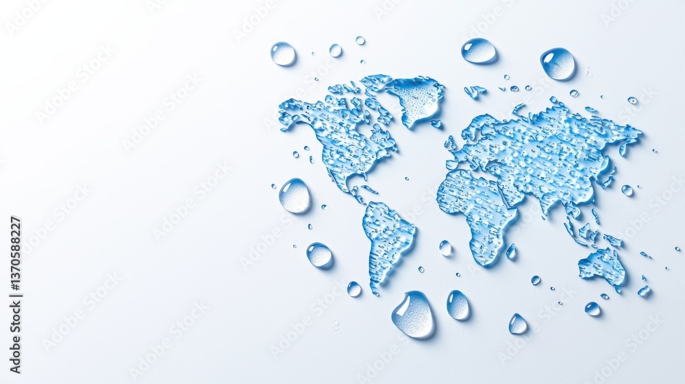 Poster a creative depiction of a world map formed from water droplets on a smooth surface, emphasizing them