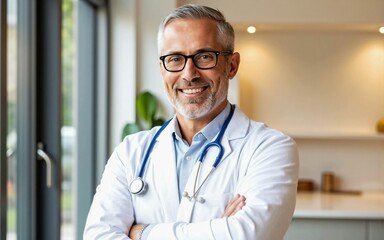 Portrait of a mature bearded doctor wearing intellectual-looking eyeglasses and standing with a calm expression - a healthcare provider demonstrating professionalism and patient care