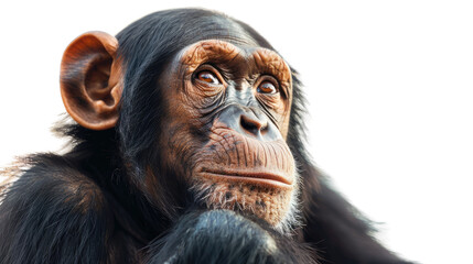 Naklejka premium Chimpanzee's contemplative gaze: Capturing the intelligence and expressive features of a chimpanzee, this portrait evokes curiosity and a connection to the animal kingdom.