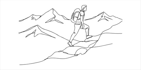 Man climbs the mountains Traveler with backpack is hiking single line art drawing sketch on white background