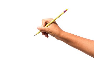Girl's hand holding a pencil isolated on white background