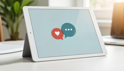 Tablet displaying speech bubbles with heart and ellipsis icons for blogs, websites, digital communication designs, social media captions, marketing materials, and online interaction promotion