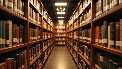 Fototapeta premium Bookshelves in a library corridor showcasing organized literature for blogs, educational websites, interior design inspiration, stationery, and reading awareness materials