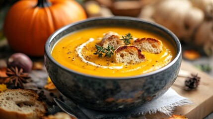 39. A warm bowl of pumpkin soup with toasted bread on an autumn table