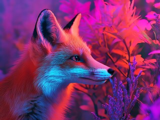 Vibrant fox portrait amidst colorful foliage.