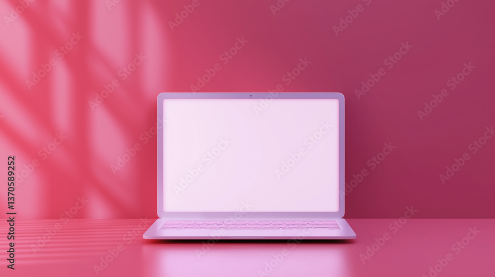 Poster Modern laptop showing blank screen on pink background with window shadow