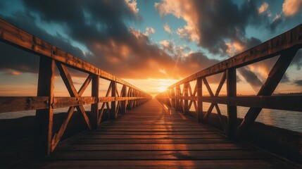 A wooden pier extends out toward a sunset horizon