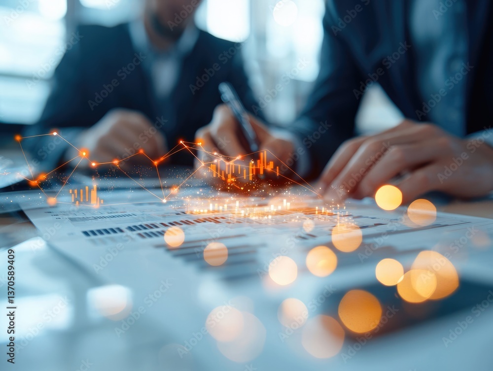 Poster financial data report analysis in a corporate office environment with a focus on data visualization 