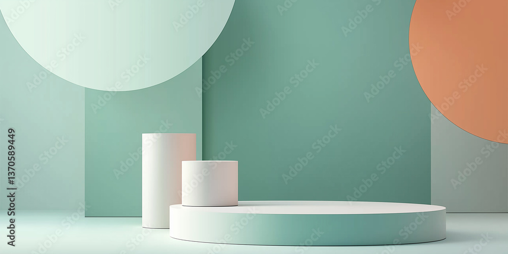 Aufkleber 3d render of a minimalist product display podium on a green and orange abstract background
