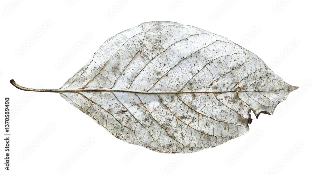 Poster serene decay: a close-up view of a delicate leaf, showcasing intricate vein structures and subtle te