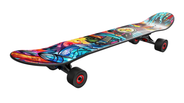 Skateboard Art: Vibrant skateboard, decorated with abstract artwork, is presented against a clean backdrop, showcasing a dynamic fusion of skateboarding and artistic expression.
