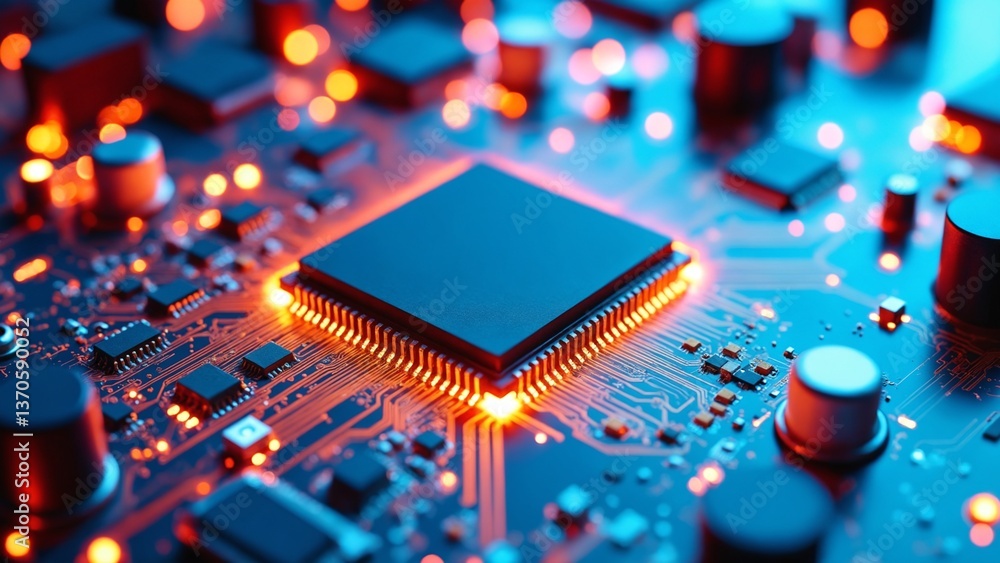 Poster Close-Up View of a Modern Microchip and Circuit Board with Glowing Connections and Intricate Details for Technology Backgrounds