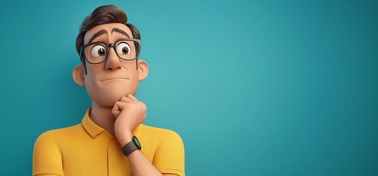 Pensive cartoon man thinking and wondering, touching chin in contemplation
