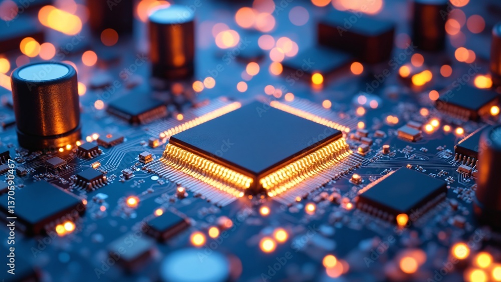 Poster Close-Up View of a Modern Microchip and Circuit Board with Glowing Connections and Intricate Details for Technology Backgrounds