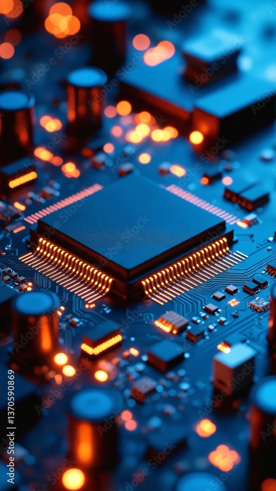 Aufkleber Close-Up View of a Modern Microchip and Circuit Board with Glowing Connections and Intricate Details for Technology Backgrounds