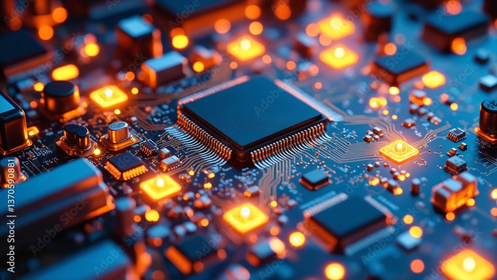 Poster Close-Up View of a Modern Microchip and Circuit Board with Glowing Connections and Intricate Details for Technology Backgrounds