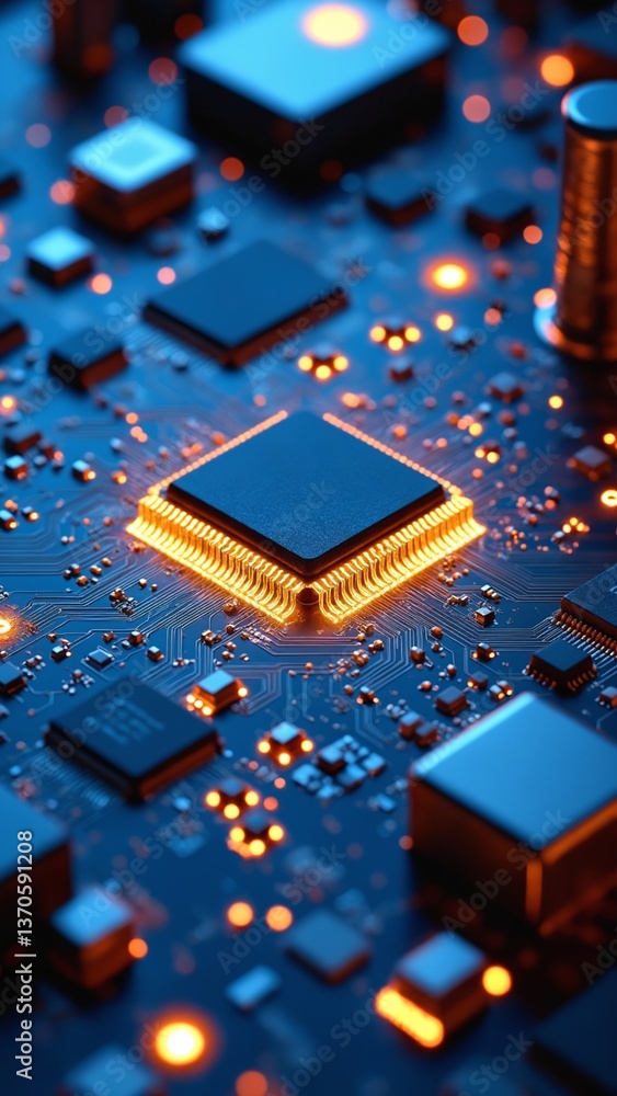 Poster Close-Up View of a Modern Microchip and Circuit Board with Glowing Connections and Intricate Details for Technology Backgrounds